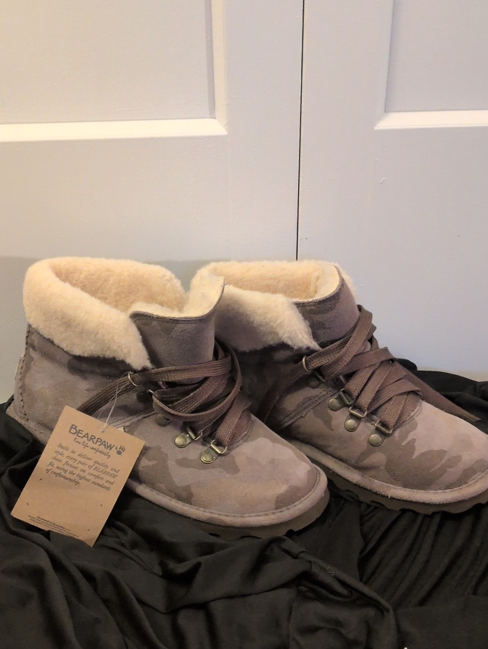 BearPaw Women's Taupe Camo Suede Lace-Up Shearling Boots